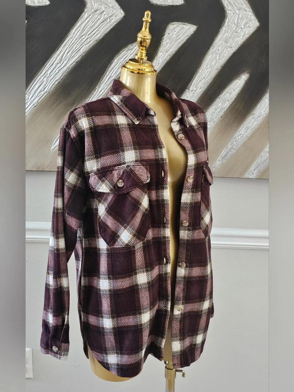 Just Polly New York Plaid Shacket Medium Brown Cream Button Up Flannel
